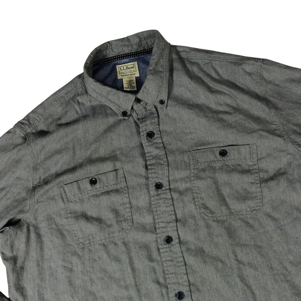 LL Bean Slightly Fitted Organic Cotton Soft Flannel Gray Outdoor Button Shirt XL